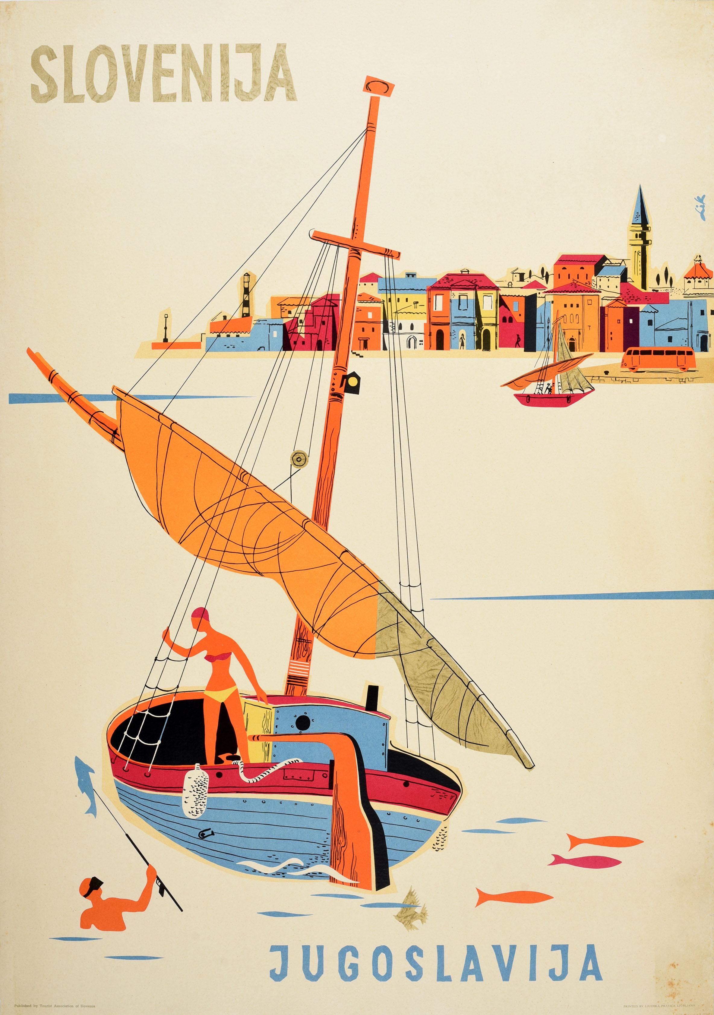 Print Unknown - Affiche rétro originale de voyage, Slovénie, Yugoslavie, mer, pêche, bateau et port