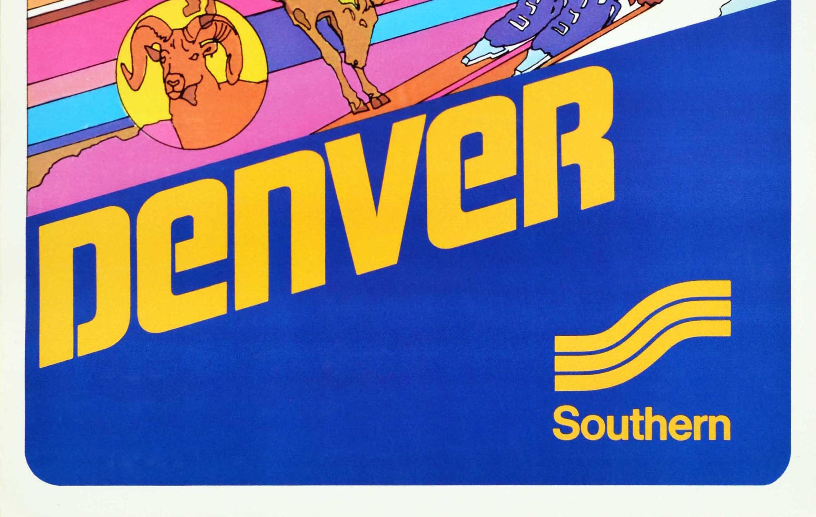 Original Vintage Travel Poster Southern Airways Denver Colorado Skiing Rodeo Art - Orange Print by Unknown