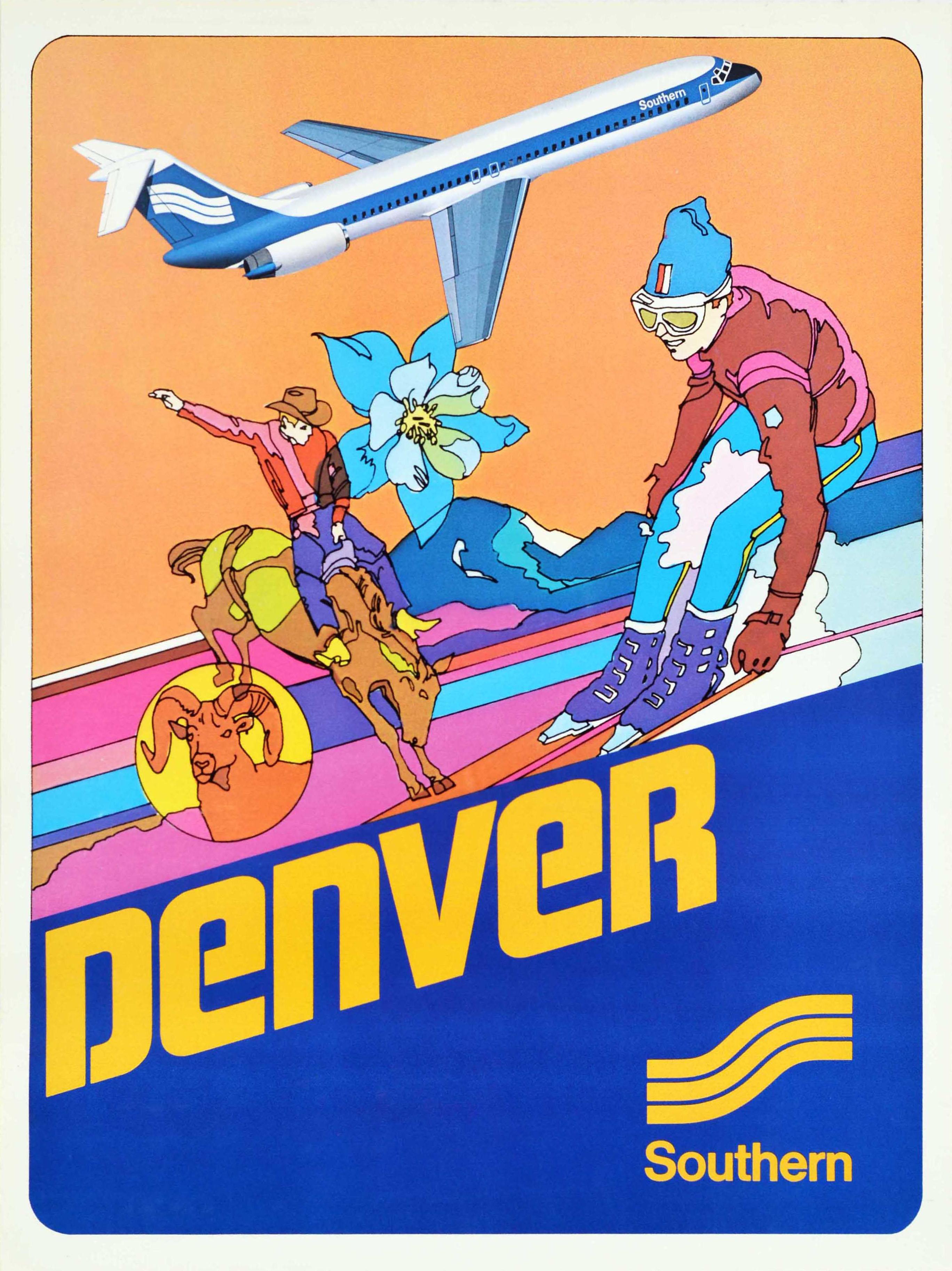 Unknown Print - Original Vintage Travel Poster Southern Airways Denver Colorado Skiing Rodeo Art