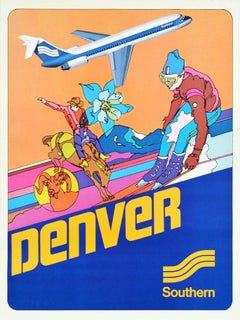 Original Vintage Travel Poster Southern Airways Denver Colorado Skiing Rodeo Art