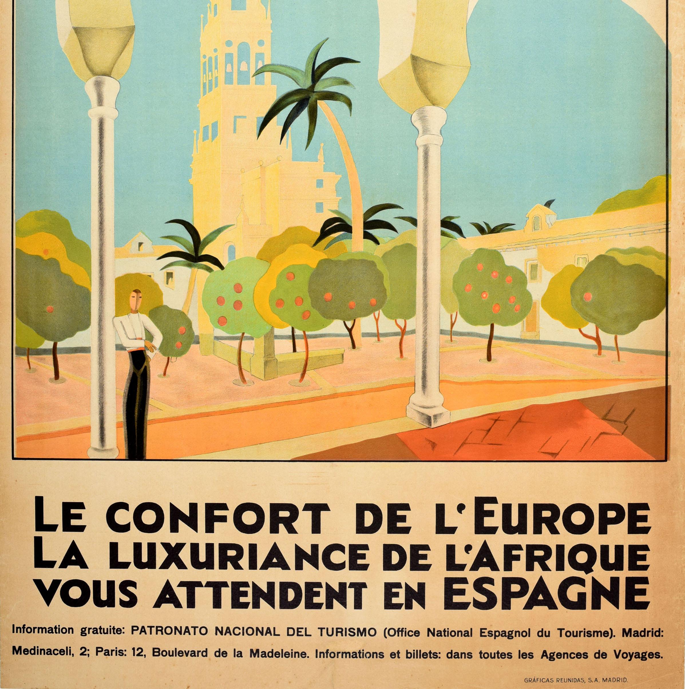 Poster di viaggio vintage originale per la Spagna Il comfort dell'Europa il lusso dell'Africa ti aspettano in Spagna / Espagne Le confort de l'Europe la luxuriance de l'Afrique vous attendent en Espagne. Grande disegno Art Deco con la Corte dei