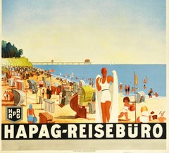 Original Vintage Travel Poster Summer Beach Riviera Hapag Reiseburo Art Deco