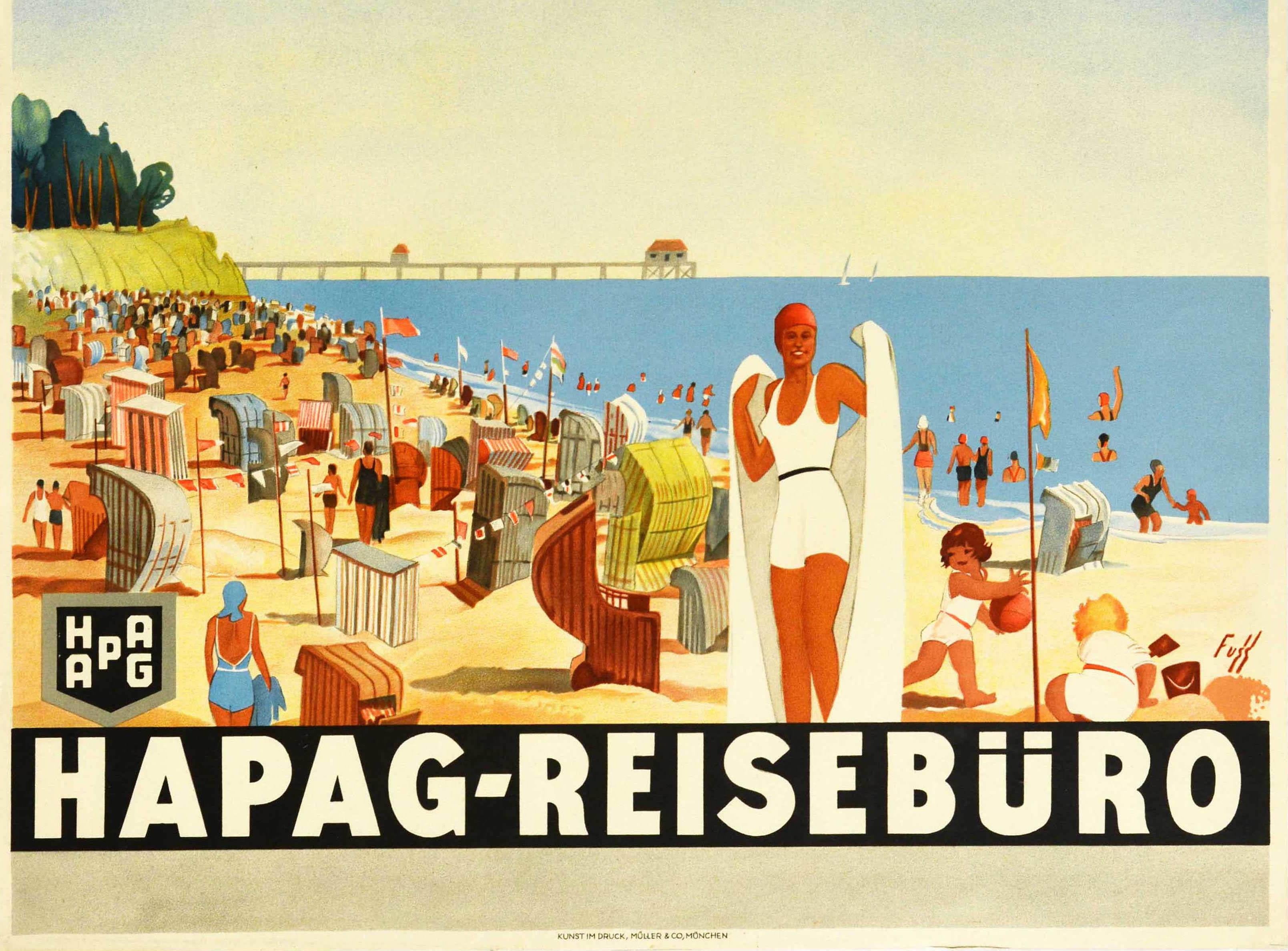 Original Vintage-Reiseplakat Sommer Strand Riviera Hapag Reiseburo Art Deco (Grau), Print, von Unknown