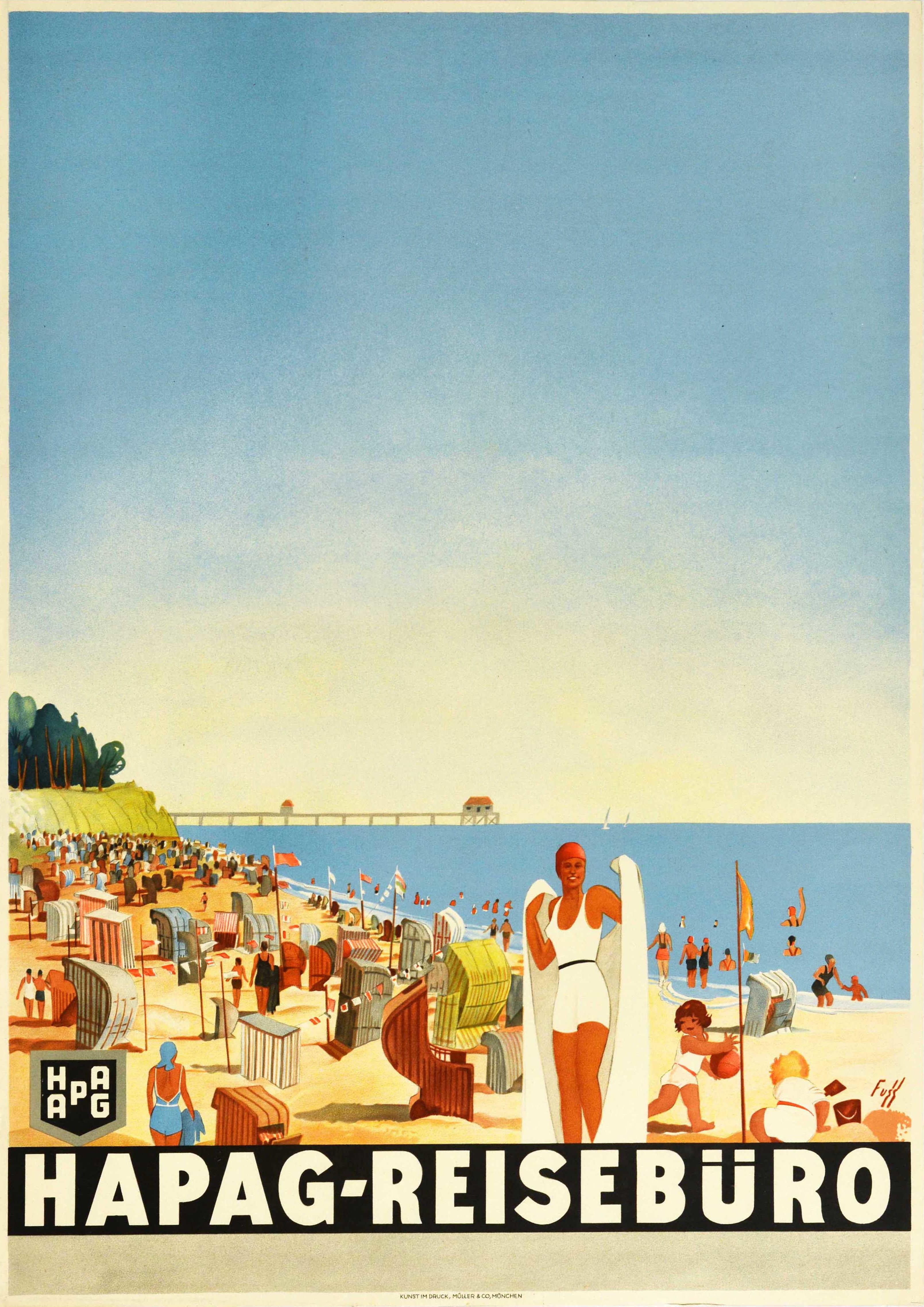 Original Vintage Travel Poster Summer Beach Riviera Hapag Reiseburo Art Deco