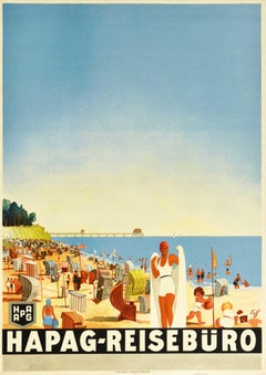 Poster di viaggio originale d'epoca Summer Beach Riviera Hapag Reiseburo Art Deco