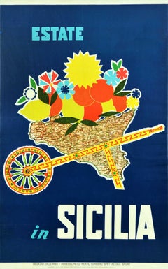 Original Vintage Travel Poster Summer In Sicily Mediterranean Sicilia Italy Art