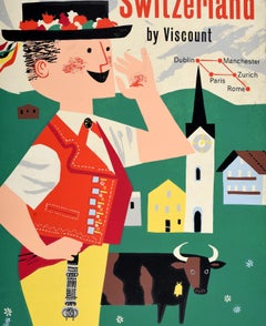 Original Vintage Travel Poster Switzerland By Viscount Aer Lingus Irish Airlines
