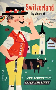 Original Vintage Travel Poster Switzerland By Viscount Aer Lingus Irish Airlines