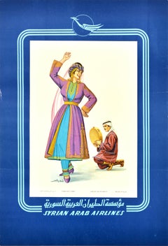 Original Vintage Travel Poster Syrian Arab Airlines Dabke Folklore Dance Airways