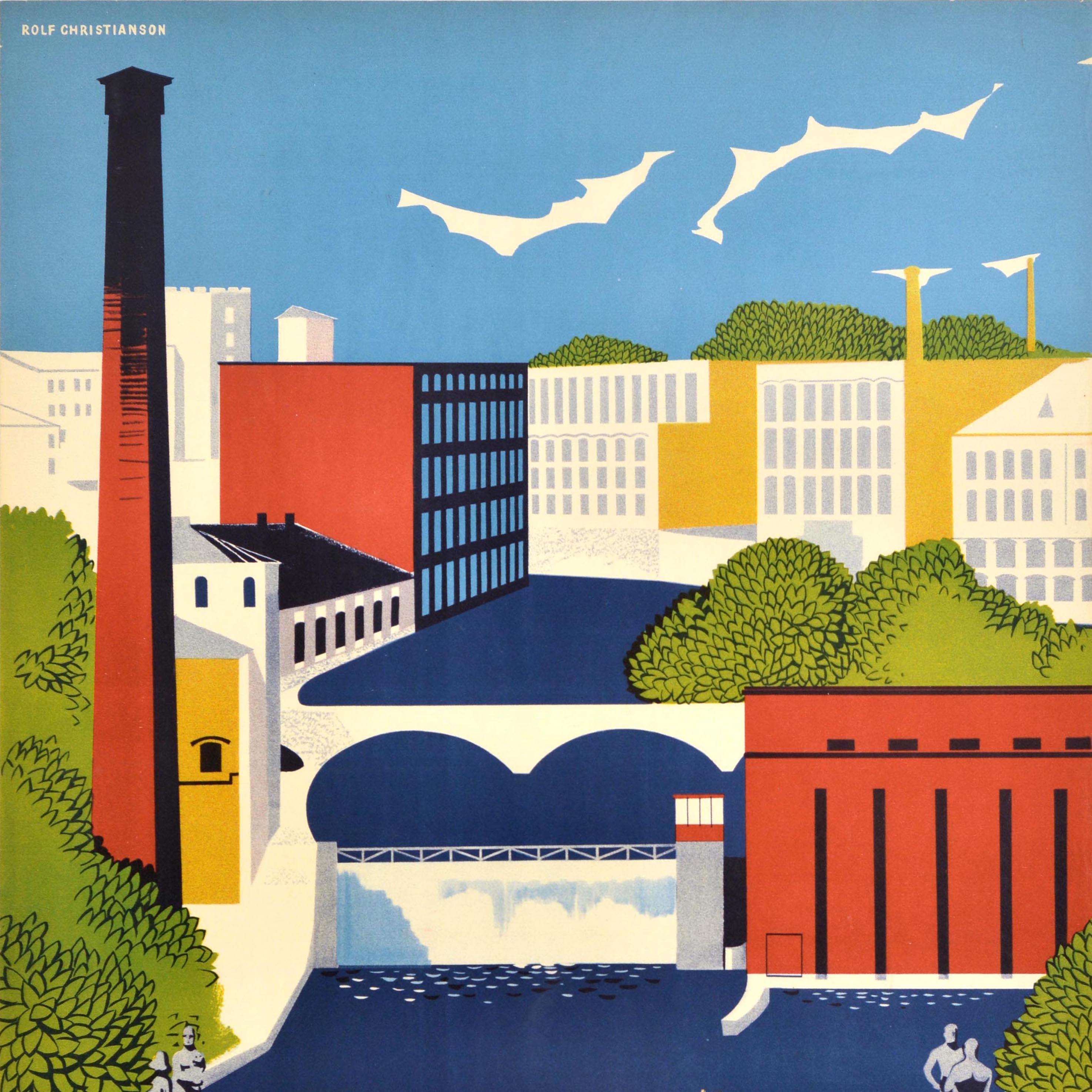 Original vintage travel poster for Tampere designed by Rolf Christianson (1928-1997) featuring people walking, driving and cycling over the stone Hameensilta bridge (Hame Bridge; opened 1929) with its statues at both ends, a few children looking