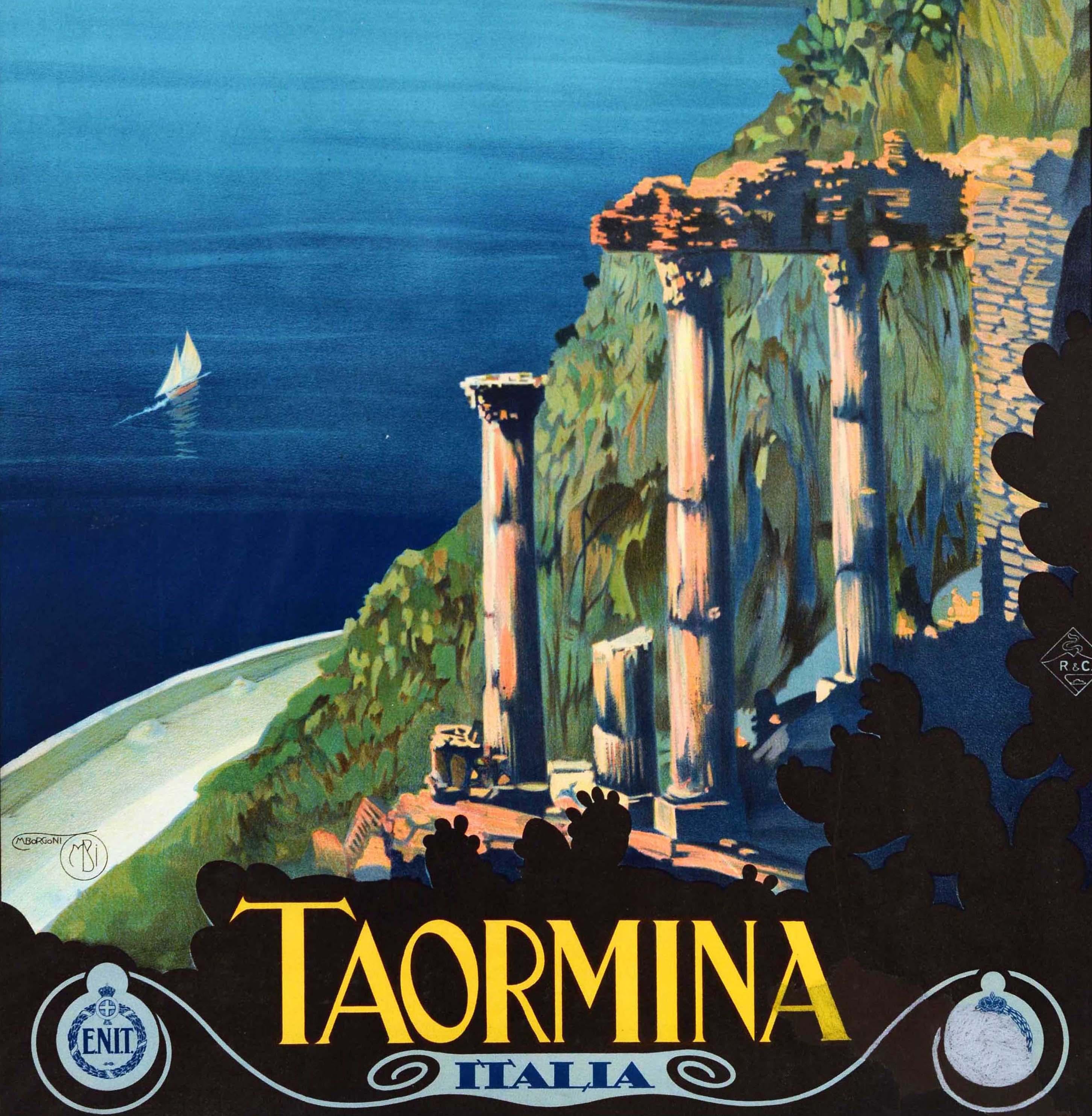 Original Vintage Travel Poster Taormina Sicily ENIT Italy Borgoni Mount Etna Art - Print by Unknown