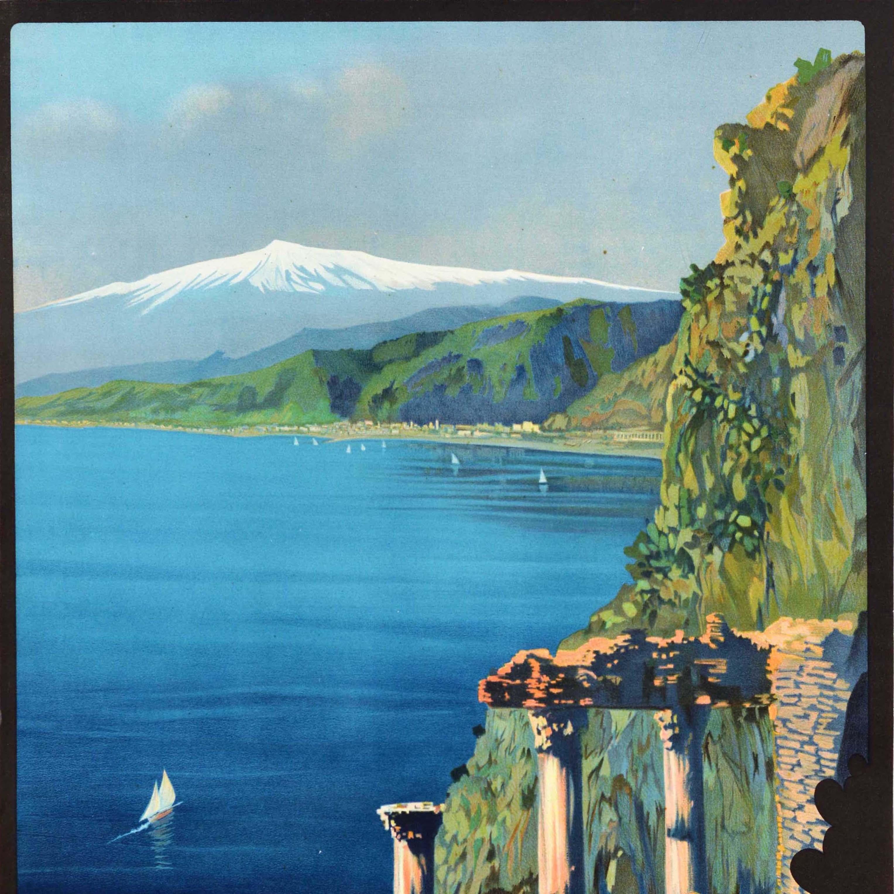 Poster di viaggio originale d'epoca Taormina Sicilia ENIT Italia Borgoni Monte Etna Arte - Print Blu di Unknown