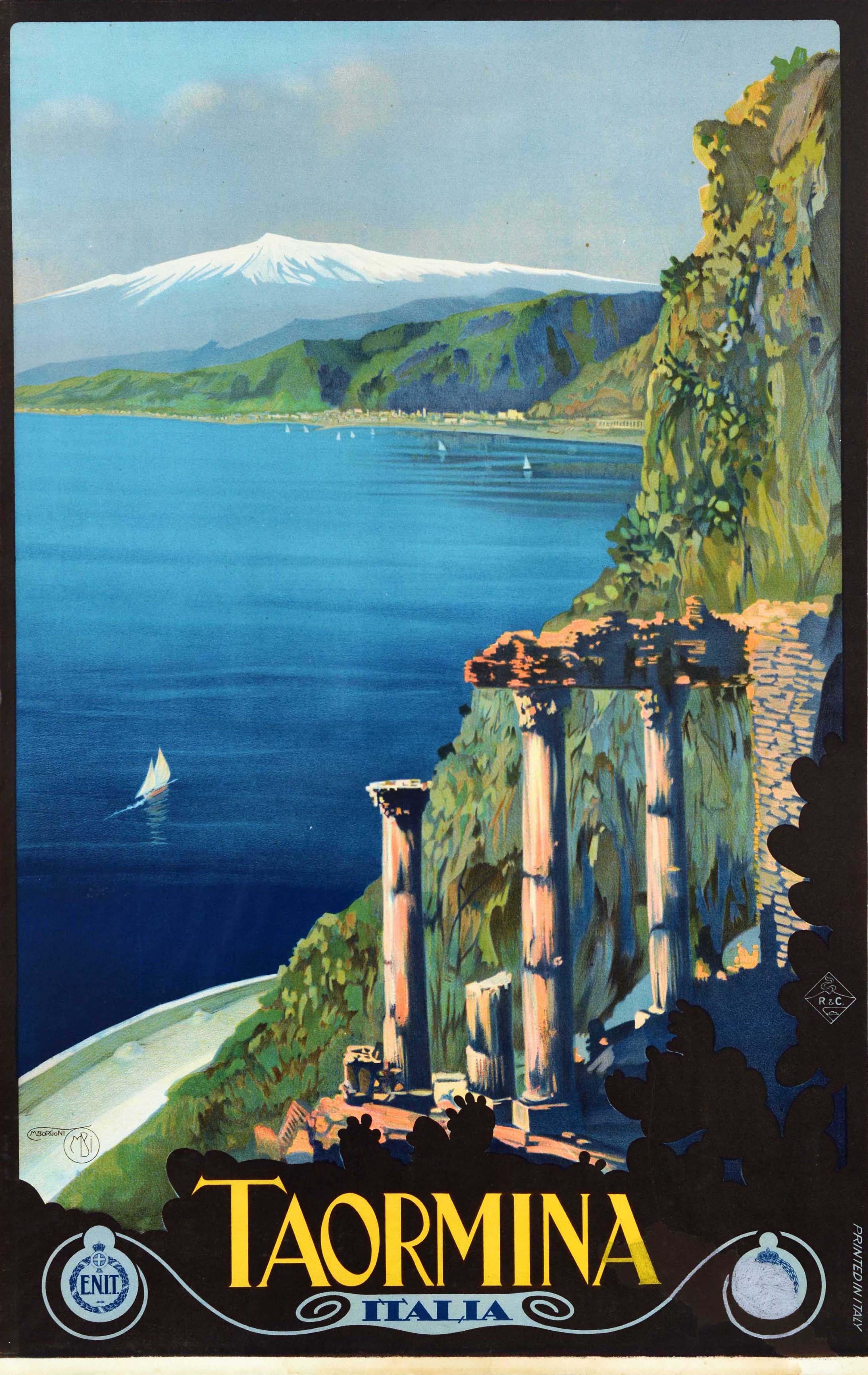 Unknown Print - Original Vintage Travel Poster Taormina Sicily ENIT Italy Borgoni Mount Etna Art