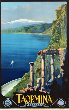 Affiche de voyage vintage d'origine Taormina Sicily ENIT Italie Borgoni Mount Etna Art