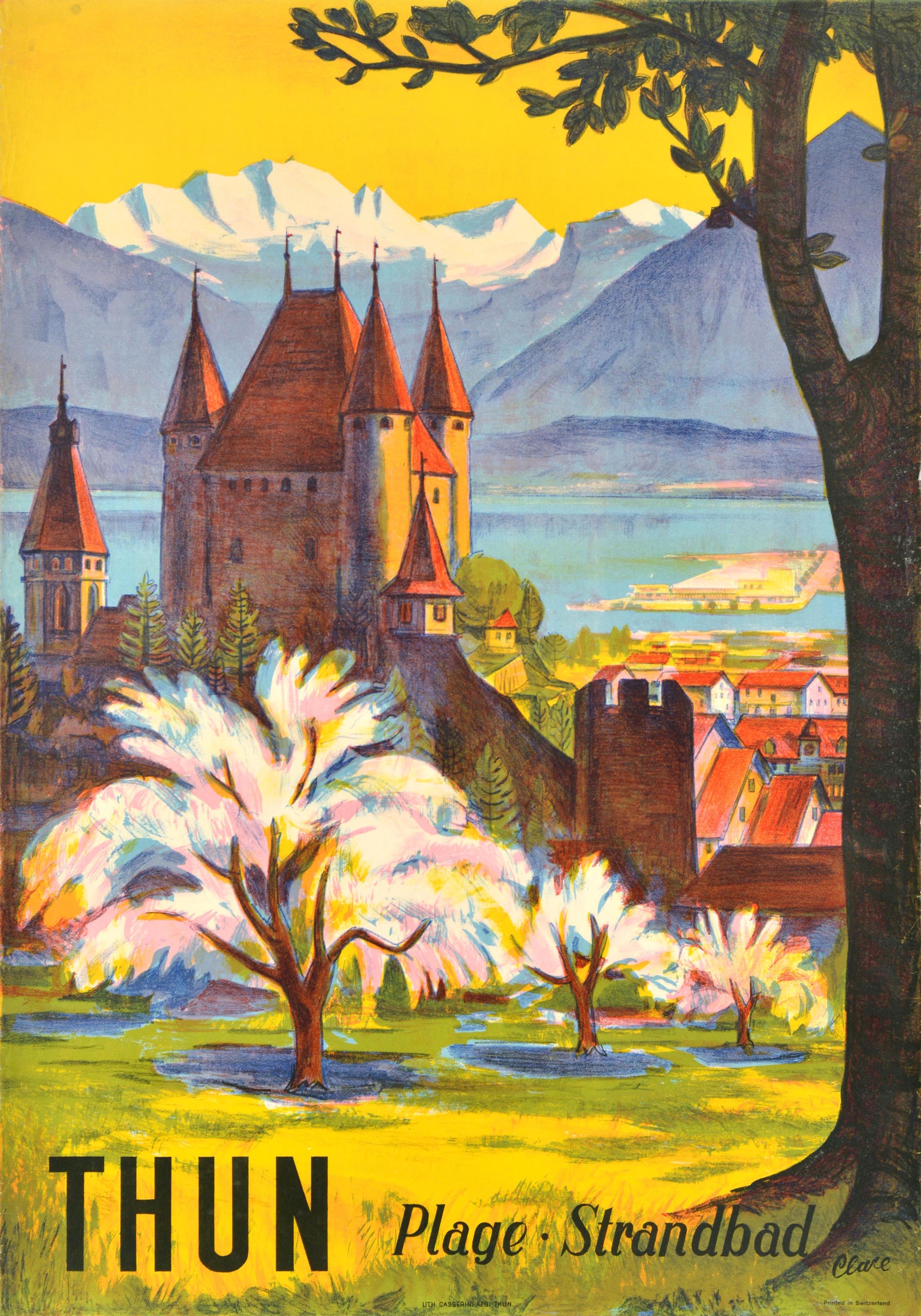 Print di Unknown - Poster di viaggio originale d'epoca Thun Strandbad Oberland bernese Svizzera Art of Vintage