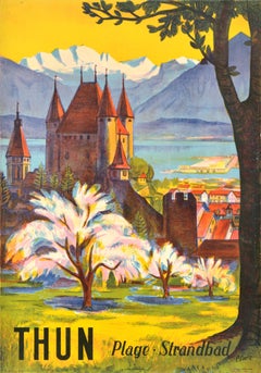 Original Vintage Travel Poster Thun Strandbad Bernese Oberland Switzerland Art