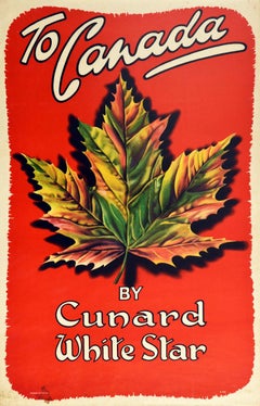 Original Vintage Travel Poster To Canada By Cunard White Star Maple Leaf Design