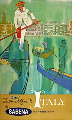 Original Vintage Travel Poster To Italy Via Sabena Airlines Venice Canal Gondola