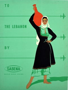 Original Vintage Travel Poster To The Lebanon By Sabena Belgian World Airlines