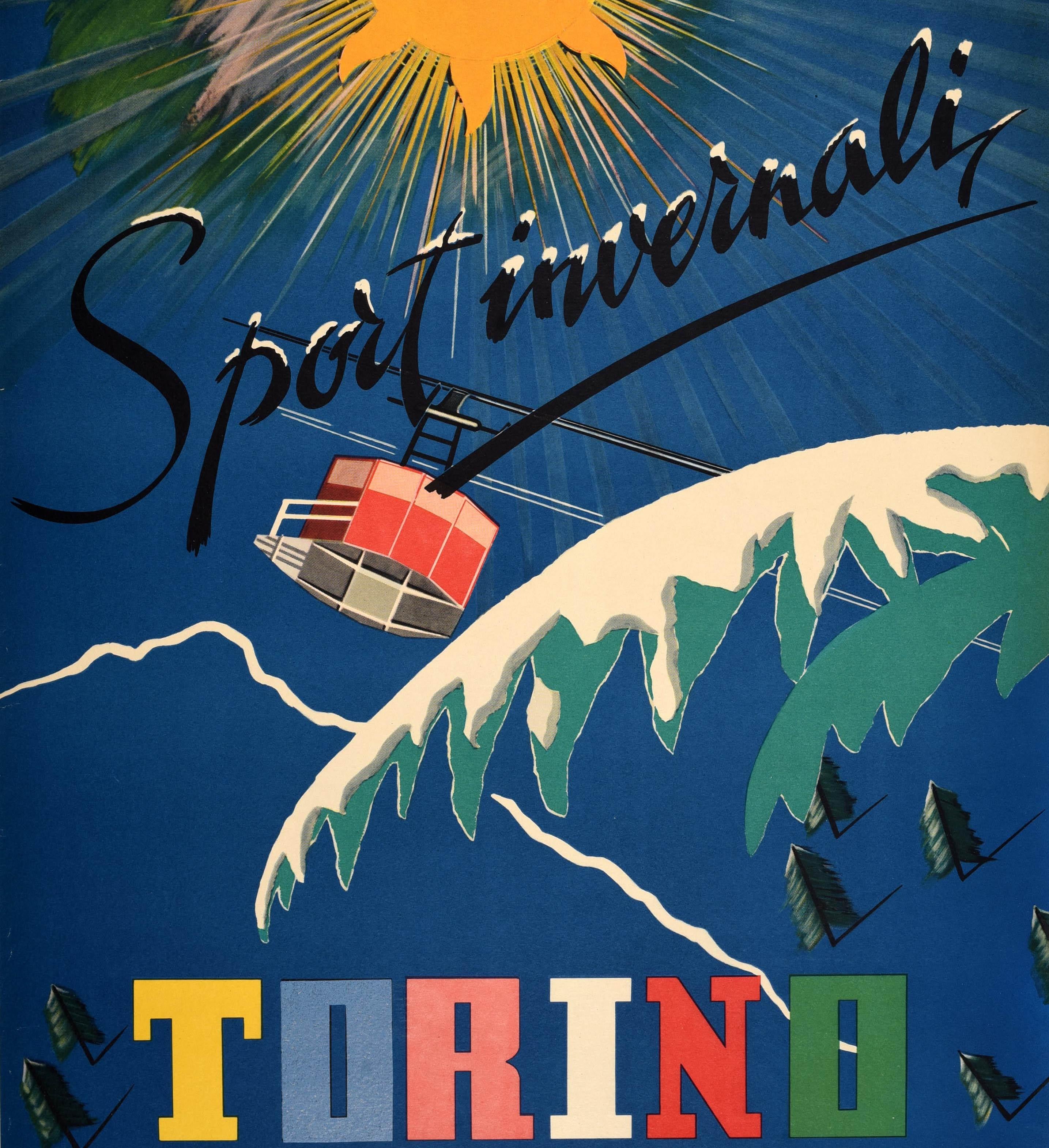 Original vintage travel poster promoting Winter Sports in Torino Capital of the Alps / Sport Invernali Torino Capitale Delle Alpi - featuring artwork by Alberto Campagnoli (1905-1983) of a red cable car ski lift traveling up past snow covered trees