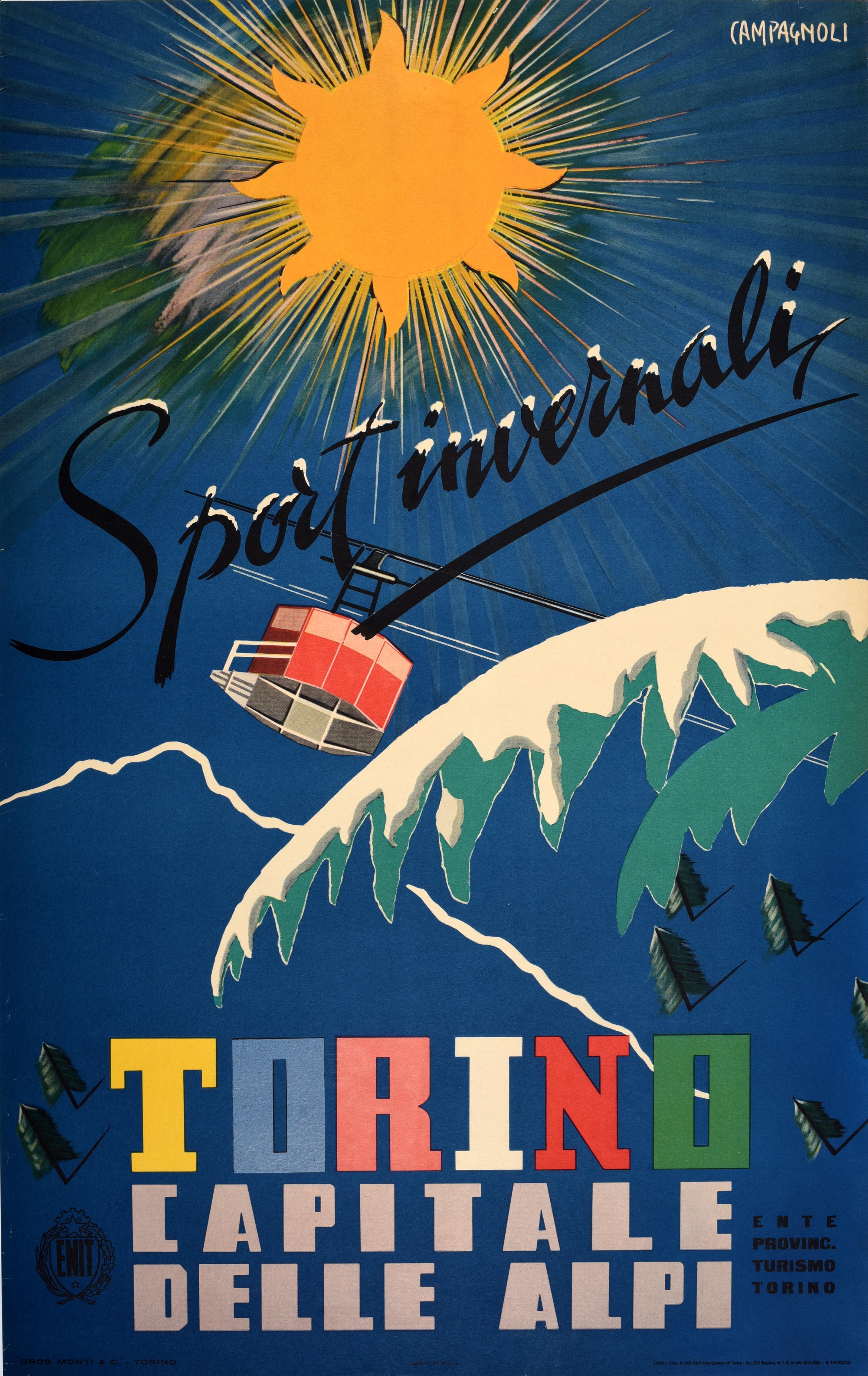 Unknown Print - Original Vintage Travel Poster Torino Alps Capital Winter Sport Campagnoli Italy