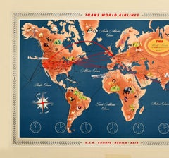 Original Vintage Travel Poster TWA World Routes Pictorial Map Continents Oceans