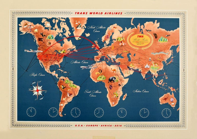 Twa Routes Unknown - Original Vintage Travel Poster TWA World Routes Pictorial Map ...