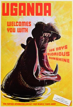 Original Vintage Travel Poster Uganda Welcomes You With Sunshine Hippo Design