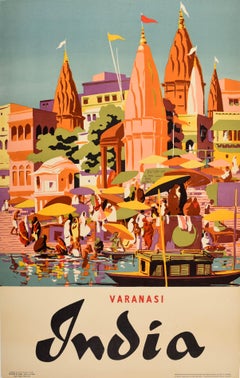 Original Vintage Travel Poster Varanasi Banaras Uttar Pradesh Ganges India Hindu