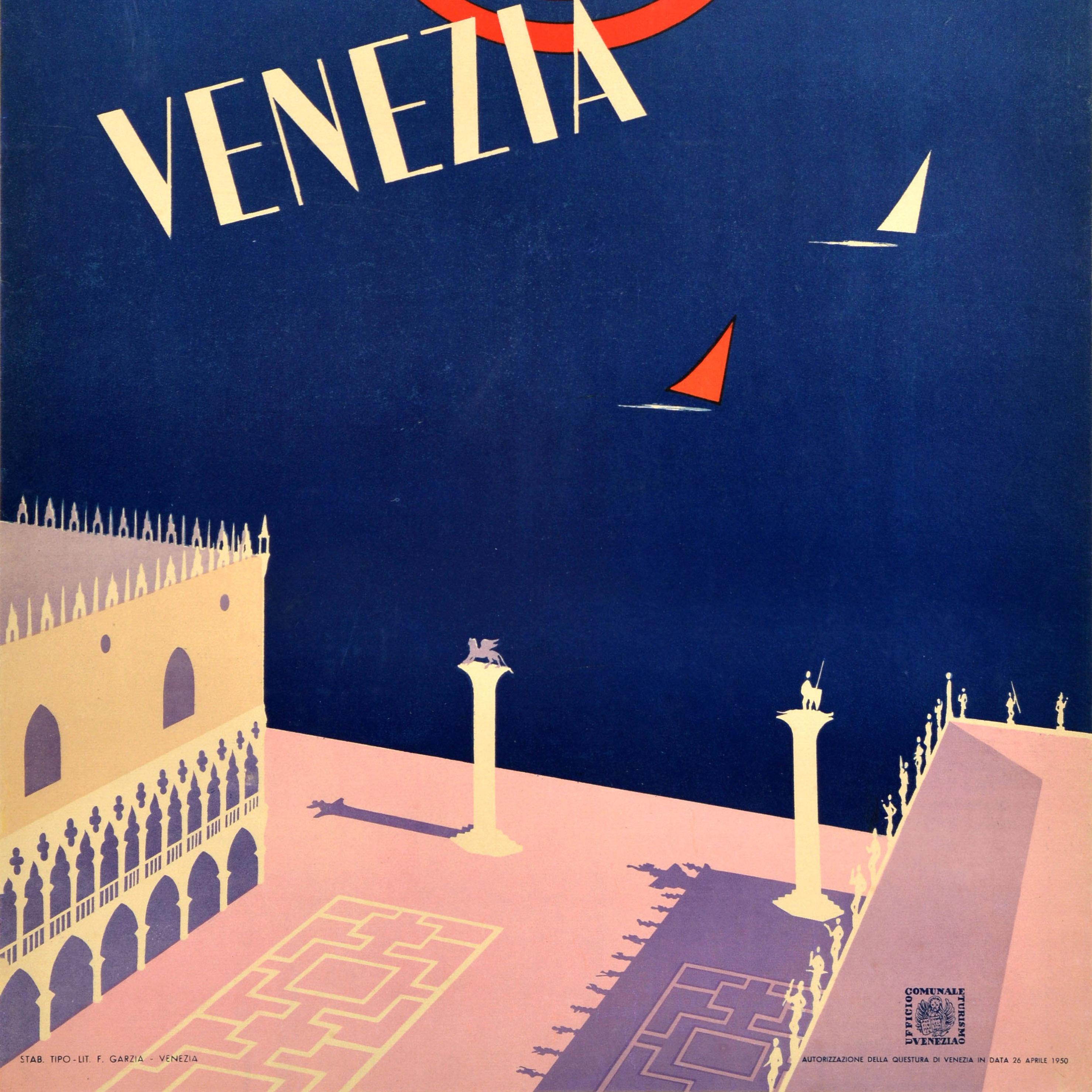Original vintage travel poster for Venice Italy - Lido Venezia - featuring a great mid-century design depicting a view over the historic Piazza San Marco / St Mark's Square and The Lion of Venice and St Theodore statues on columns casting shadows in