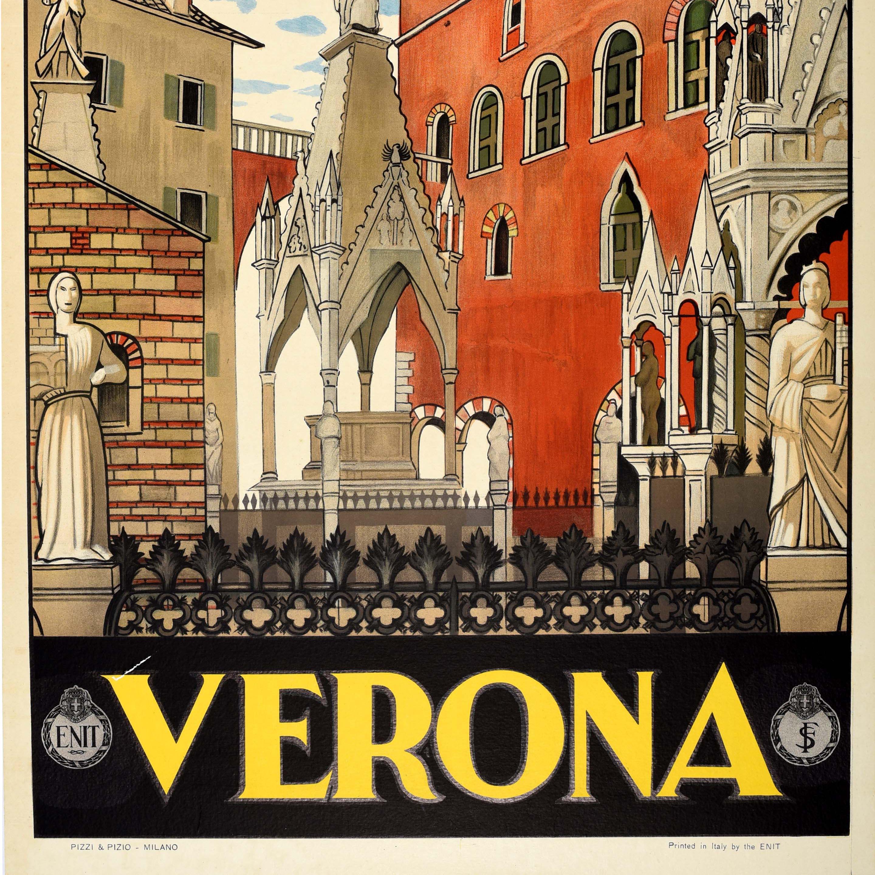 Original vintage travel poster advertising Verona issued by the Italian Travel Office ENIT. Great image depicting a view through historic buildings and ancient monuments in the old city centre of Verona with stylised text below in yellow letters on