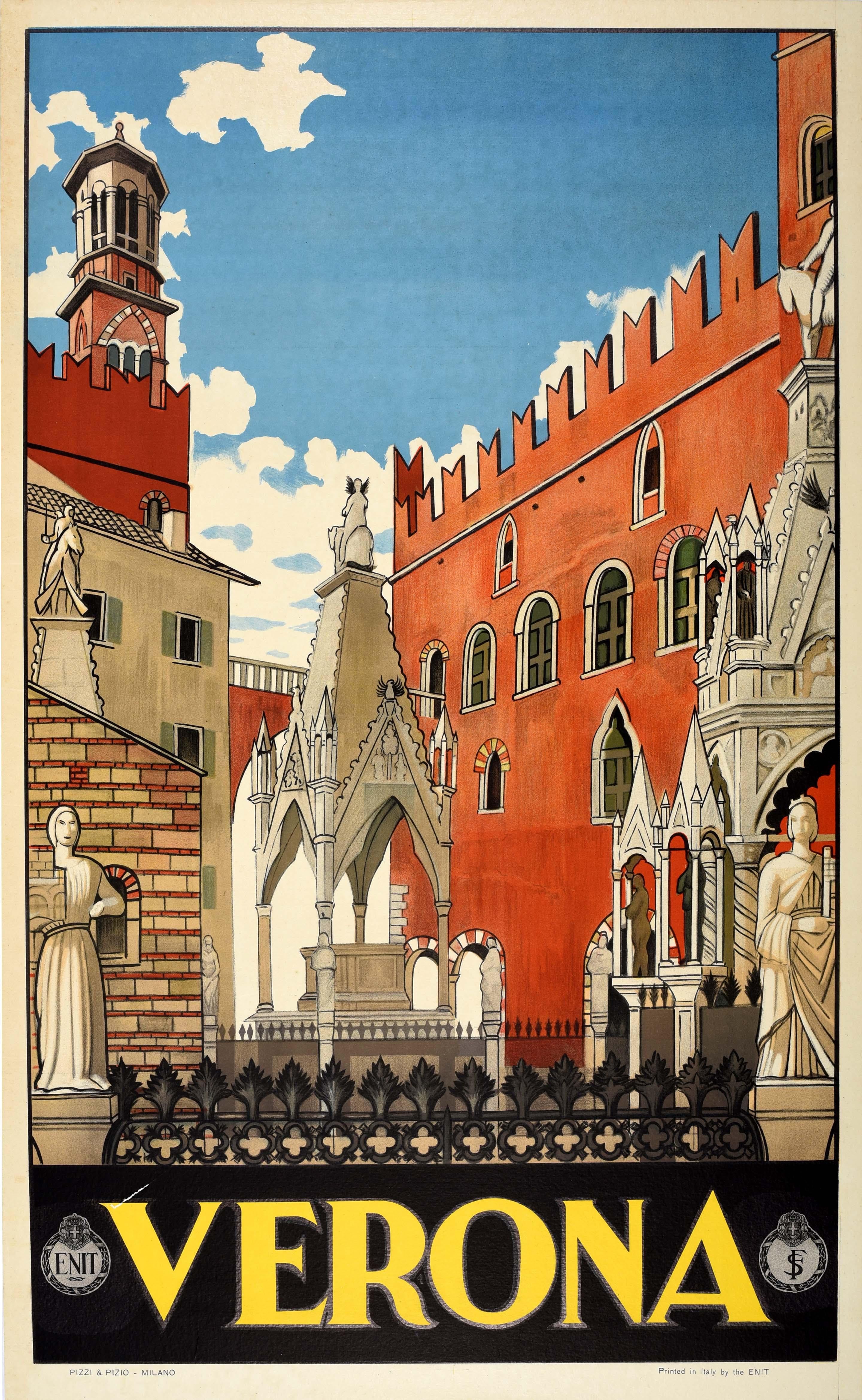 Unknown Print – Original Vintage-Reiseplakat Verona Veneto, Italien, ENIT Italia, Stadtansicht, Design