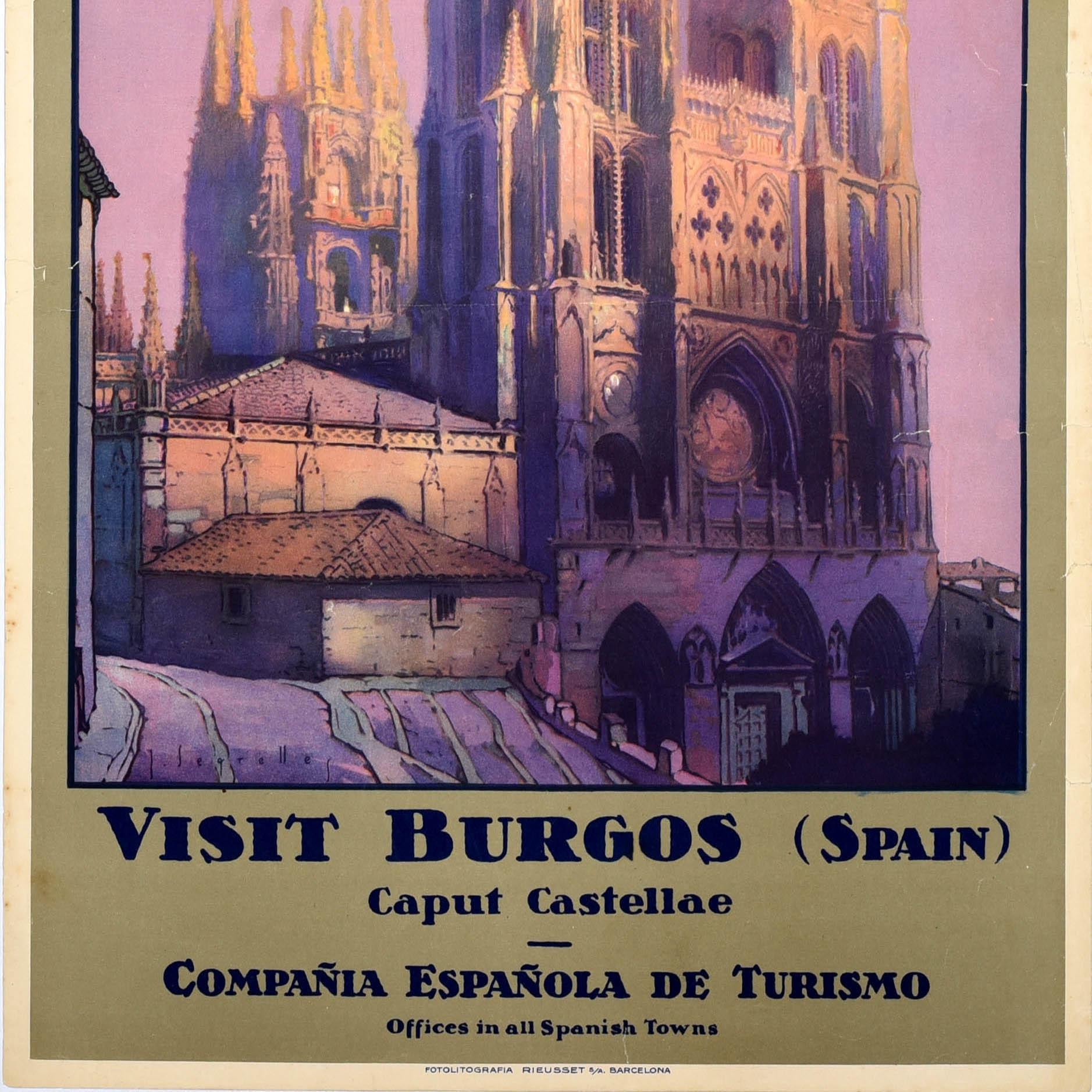 Original Vintage-Reiseplakat - Visit Burgos Spain Caput Castellae - mit einem atemberaubenden Kunstwerk des spanischen Malers Jose Segrelles Albert (1885-1969), das die Türme der gotischen Kathedrale der Heiligen Maria von Burgos zeigt, die sich