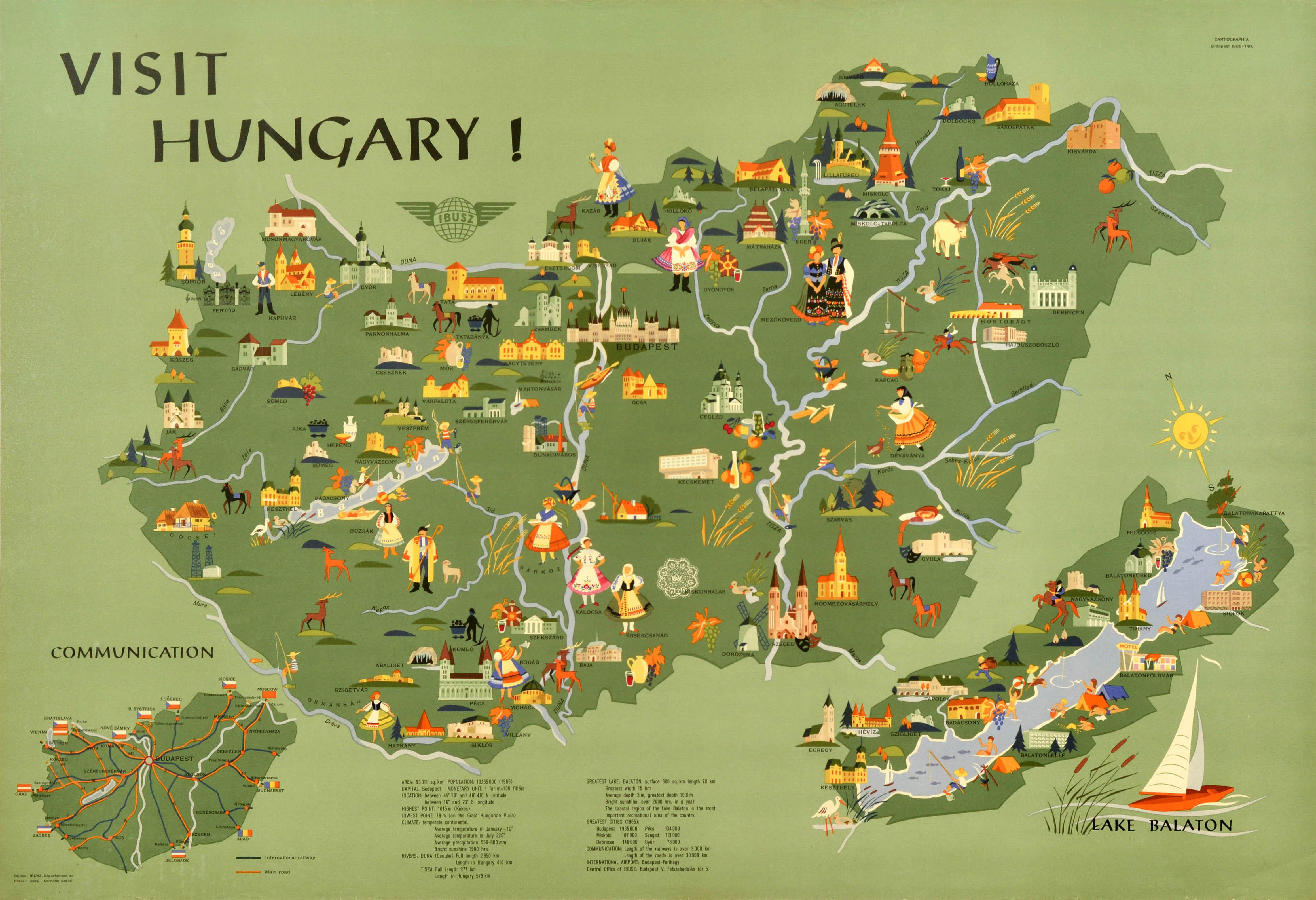 Unknown Print - Original Vintage Travel Poster Visit Hungary Pictorial Map Budapest Lake Balaton