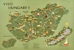 Original Retro Travel Poster Visit Hungary Pictorial Map Budapest Lake Balaton