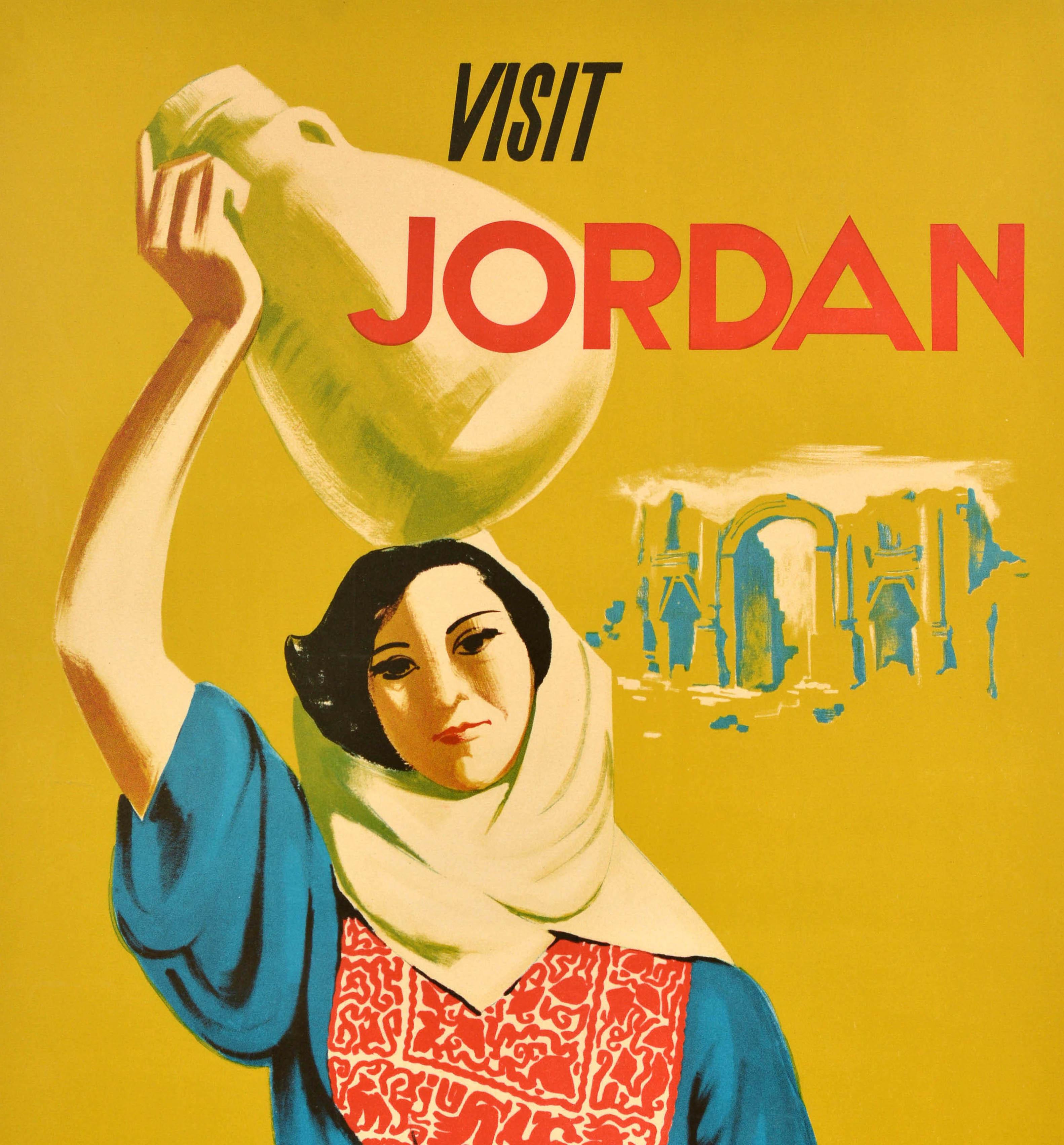 Poster di viaggio originale d'epoca per visitare la Giordania, Medio Oriente e Asia, Arte del Medioevo - Print Giallo di Unknown