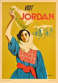 Affiche rétro originale de voyage Visit Jordanie, Asie du Moyen-Orient, Art du milieu du siècle dernier