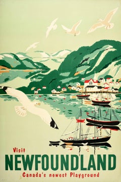 Original Vintage Travel Poster Visit Newfoundland Canada Playground Harbour Art