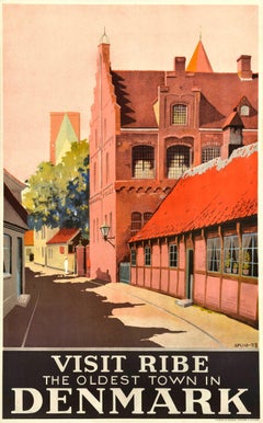 Original-Vintage-Reiseplakat „ Visit Ribe“, alte Stadt in Dänemark, Hakon Spliid