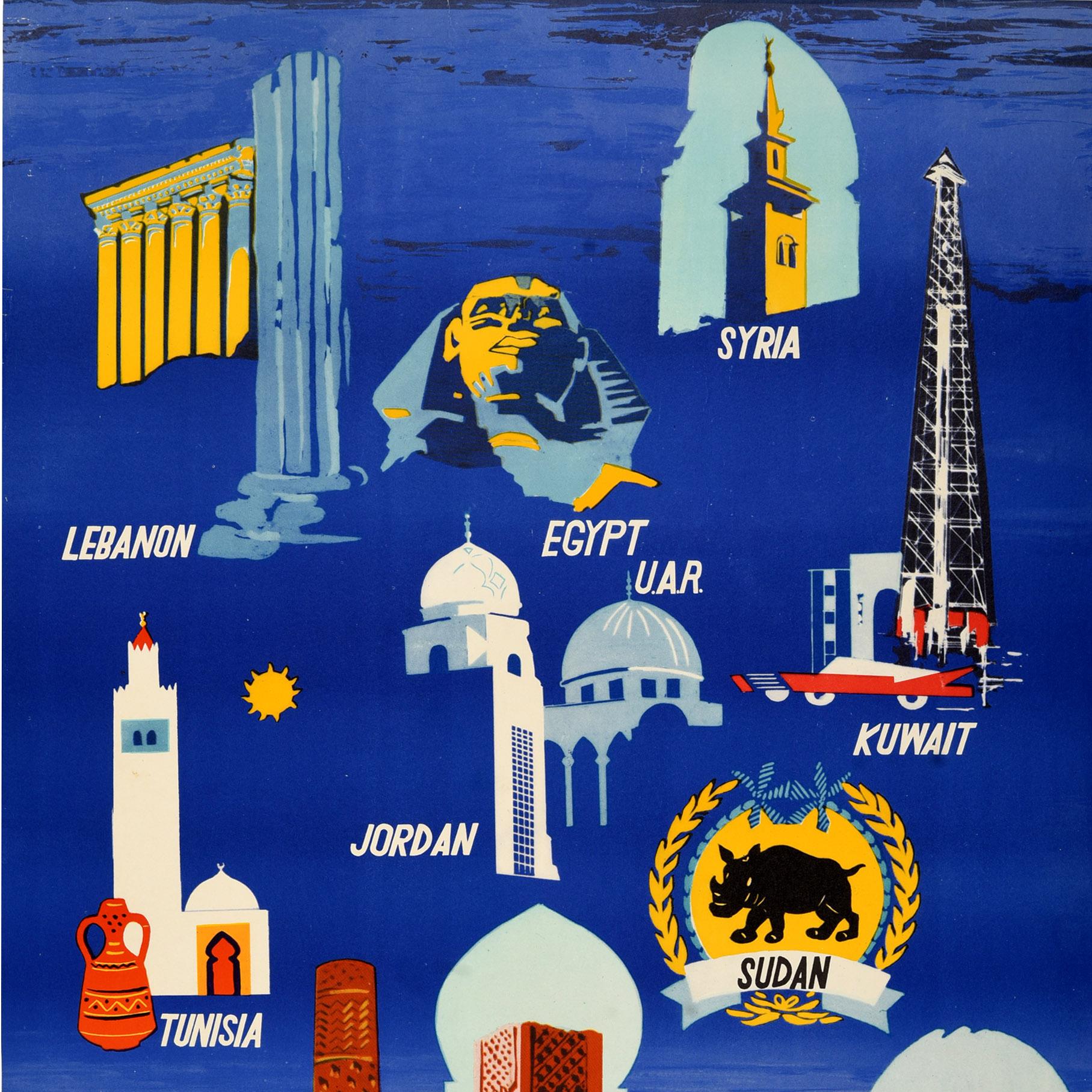 Original vintage travel poster - Visit the Arab States - featuring illustrations of iconic architecture and ancient and historical monuments including the Pillars of the Temple of Jupiter in Lebanon, a Sphinx head in Egypt UAR, the Umayyad Mosque in