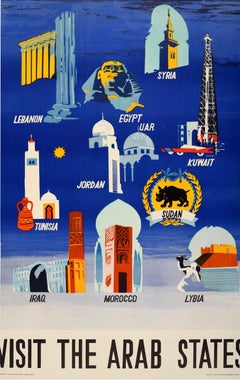 Affiche de voyage vintage originale Visit The Arab States Afrique Moyen-Orient Design