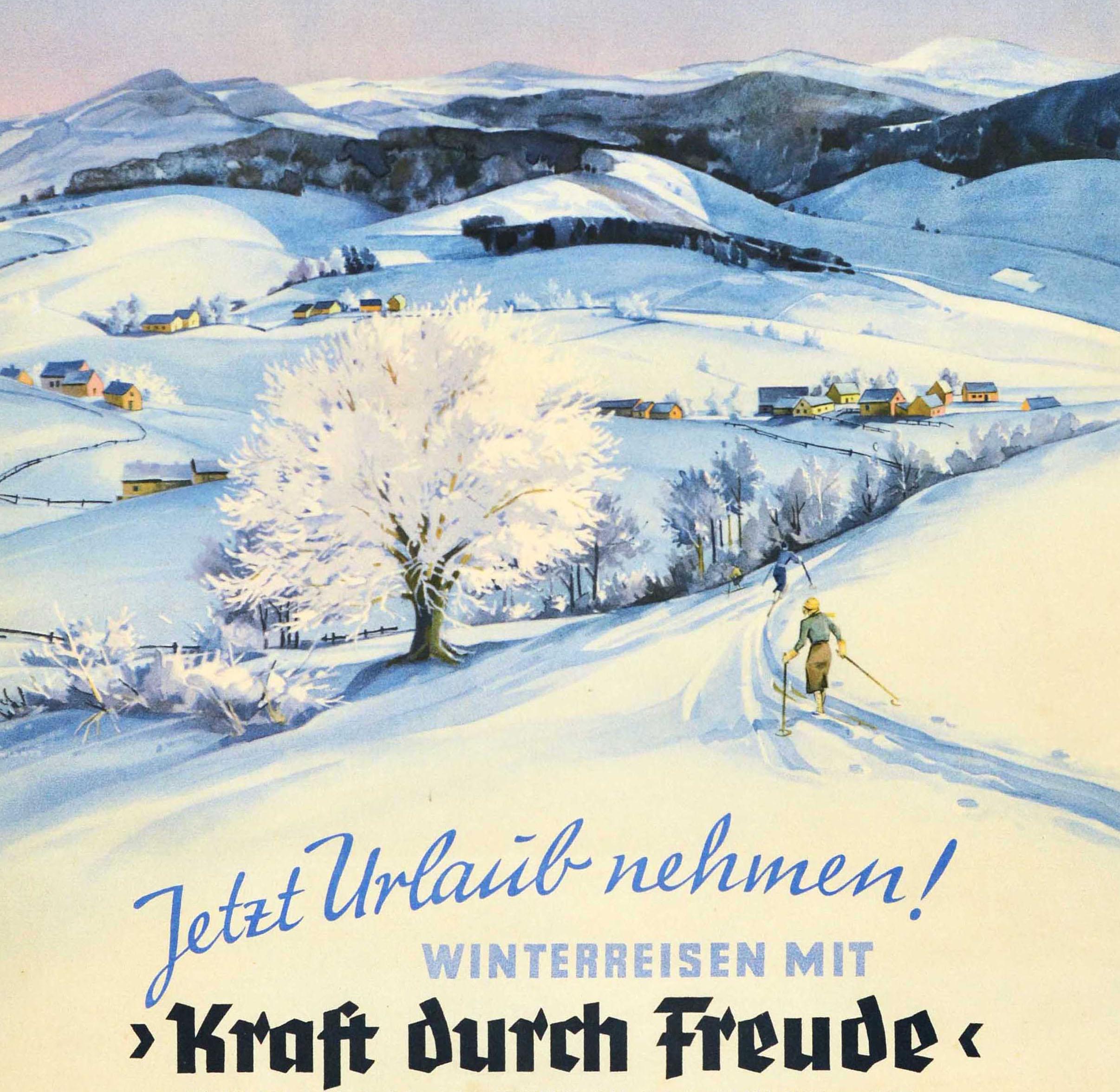 Original Vintage Travel Poster Winter Holiday Now Kraft Durch Freude Skiing - Print by Unknown