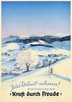 Original Vintage-Reiseplakat, Winter, Urlaub, Kraft durch Freude, Skifahren