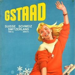 Original Vintage Travel Skiing Poster Gstaad Switzerland Ski Winter Sports Alps