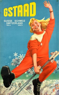 Original-Vintage-Reise-Skiposter, Gstaad, Schweiz, Ski-Wintersport, Alpen