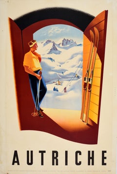 Original Vintage Travel Winter Sports Poster Autriche Austria Hans Ebner Skiing