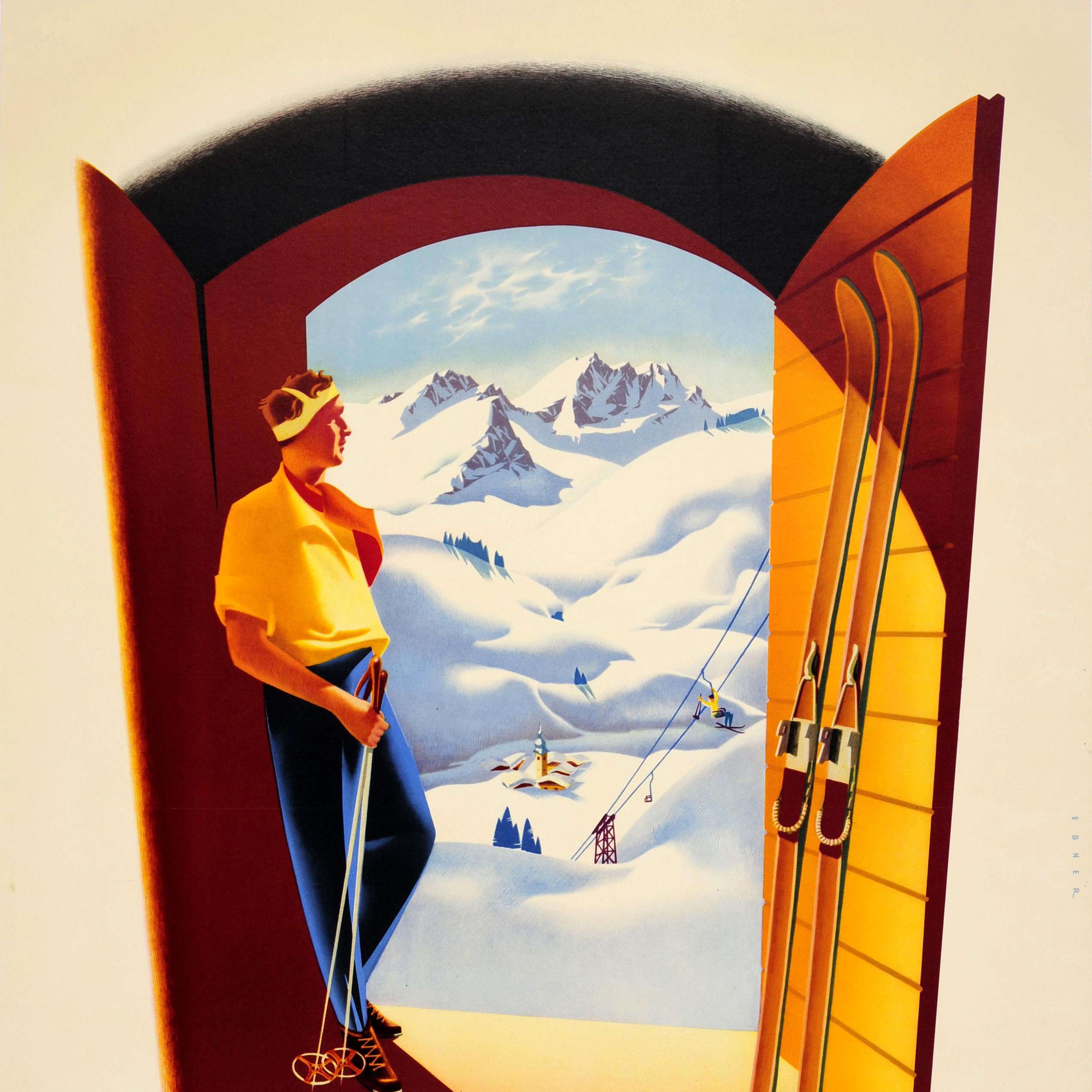 Original vintage travel and winter sports poster for Austria / Osterreich featuring a great image of a skier leaning against a doorway holding his ski poles with his skis against the door, looking out at the snowy slopes and a ski lift with mountain