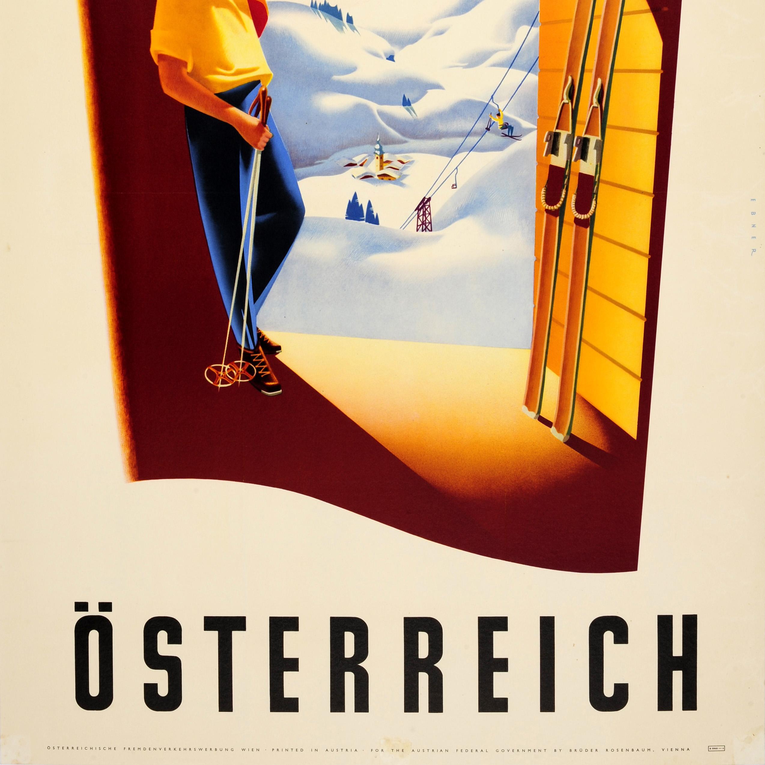 Original Vintage Travel Winter Sports Poster Osterreich Austria Ebner Skiing For Sale 1