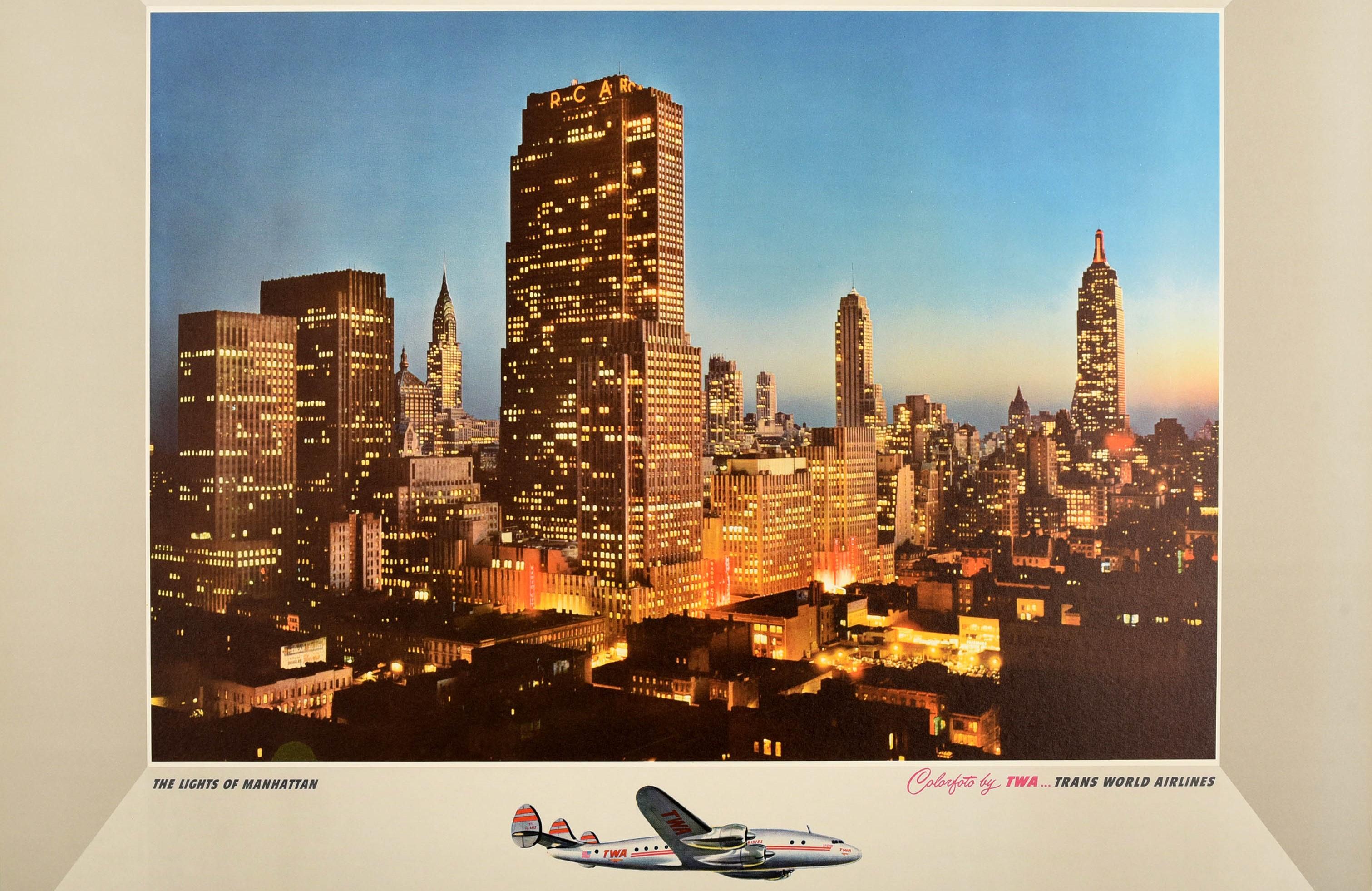 Original Vintage TWA Poster New York City The Lights Of Manhattan Airline Travel - Print by Unknown
