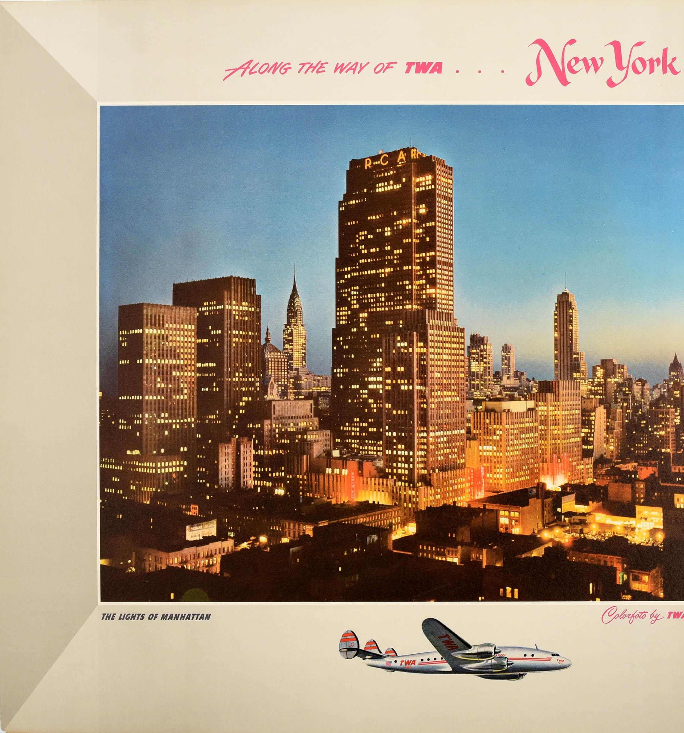 Original Vintage TWA Poster New York City The Lights Of Manhattan Airline Travel - Beige Print by Unknown